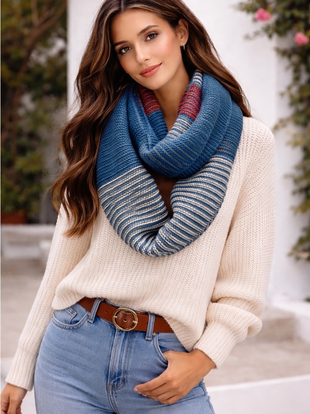Northface Cozy Striped Blue Infinity Scarf Sweater